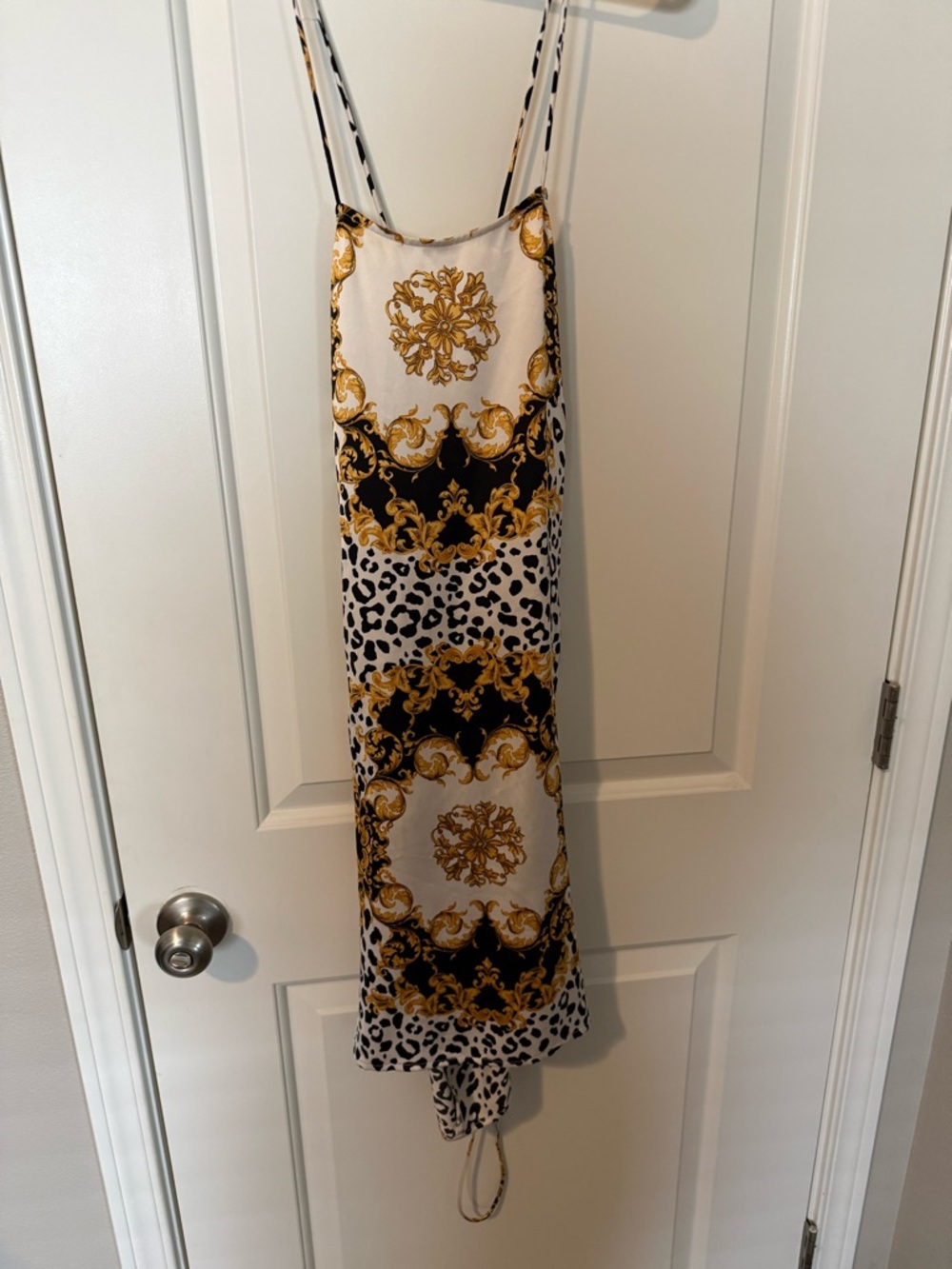 Gold & Black Printed Slip Dress with Leopard Accents